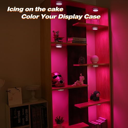 Image of Onumii Puck Lights with Remote, Under Cabinet Kitchen Battery Operated Lights, Stick on Shelf Wireless, RGB Color Changing, 2 Pack White