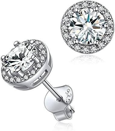 925 Sterling Silver Brilliant Round Halo Cubic Zirconia Earrings Birthstone Stud Earring For Women Fashion Birthday Jewelry(Gift Wrapped)