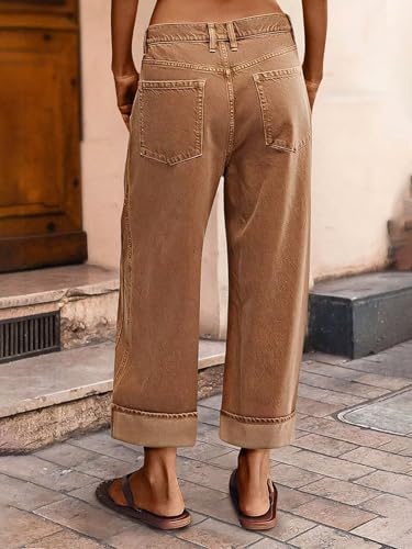 Flamingals Wide Leg Cropped Jeans for Women Mid Rise Boyfriend Jean Baggy Roll Hem Layered Pocket Casual Pants3