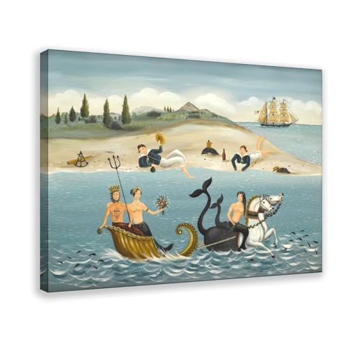 Décoration murale sirènes et Neptune impression sur toile de lin finis premium