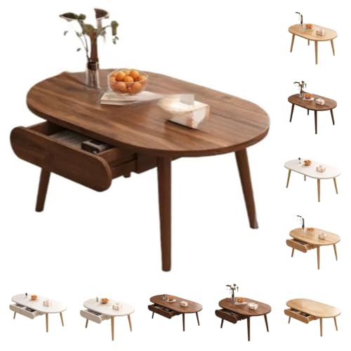 Gtzbcivローテーブル 机 収納付き おしゃれ 丈夫 木製 一人暮らしの部屋にぴったりなのコンパクトサイズ ナチュラルブラウン木目柄 ベーシックデザイン (クルミ,引き出し付き 80×60×45cm)