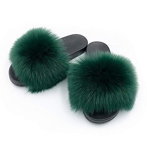 Image of Women's Faux Fur Slides Slippers Fluffy Fuzzy Sandals Open Toe Furry Slide Flip Flop Indoor Outdoor