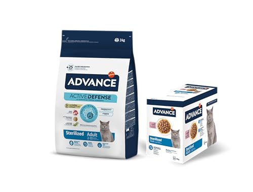 Advance Cat Adult Sterilized, Pienso para Gatos Adultos Esterilizados con Pavo, 3kg + Advance Comida Húmeda para Gatos Adultos Esterilizados con Pavo, Multipack 12 x 85 g, Total 1.02 kg