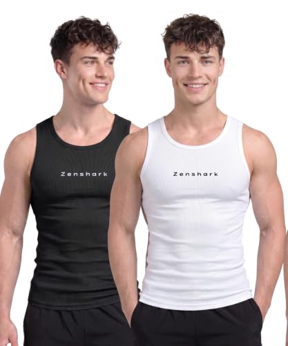 Image of ZENSHARK Gym Vest for Men | Sleeveless T Shirt Sando Tank Top | 2x2 Ribbed Cotton Lycra Ribbed Vest | Round Neck Slim Fit 4 Way Stretch | Sleeveless Gym T Shirt for Workout Training