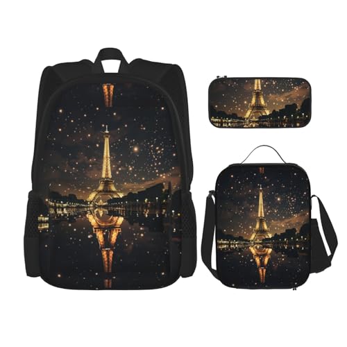 YHBLYKXP Eiffel Tower print 3-Piece Casual Backpack Set (Backpack + Waist Bag + Small Pouch), Unisex Daypack