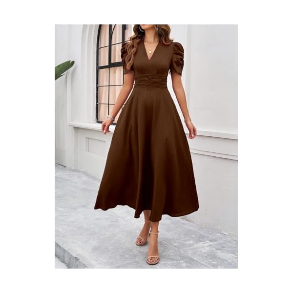 shasmi girls womens solid color v neck a line maxi dress for women new year party outfit waist cinched puff sleeve western elegant casual wear dress 246