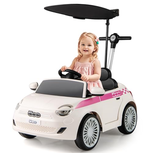 Image of OLAKIDS Push Car for Toddlers, 3 in 1 Licensed Fiat 500e Baby Sliding Walking with Parent Control Handle Adjustable Canopy Footrest, Kids Ride on Toys with Horn for Boys Girls (White)