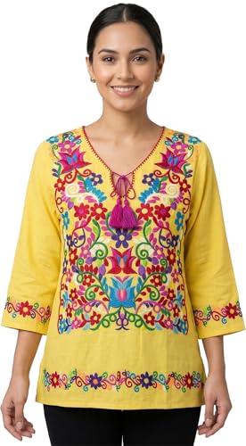 YZXDORWJ Women's Mexican 3/4 Sleeve Blouse Floral Embroidered Traditional V
