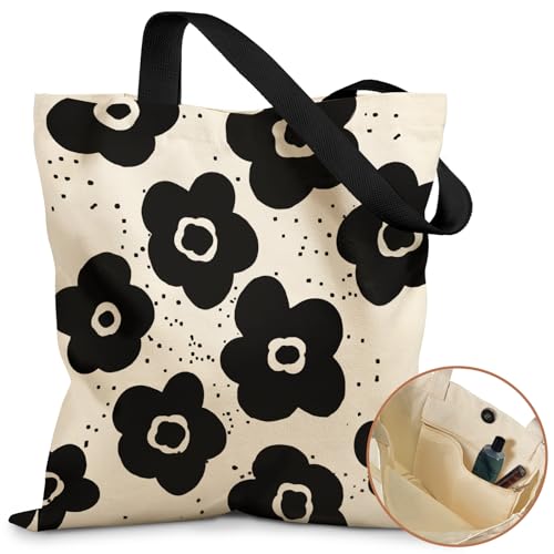 Miss Adola Aesthetic Tote Bag - with Magnetic Buckle and Zipper Inner Pocket for Women Lady Cloth Cotton Tote Bag for Gym, Work, Travel, Library, Shopping,Black Flower