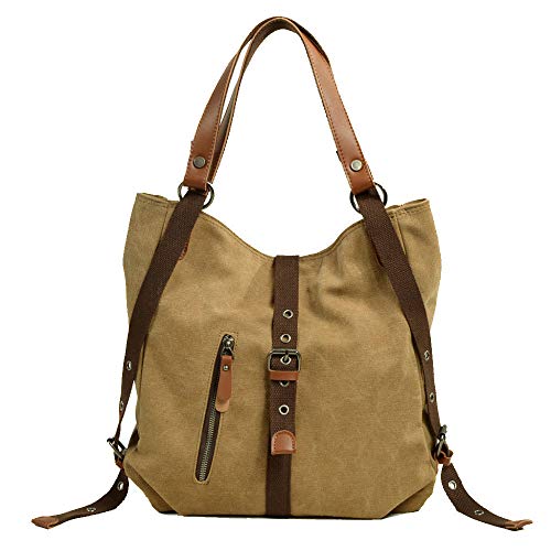 Preisvergleich Produktbild LAIDAYE Frauen Rucksack Mehrzweck-Segeltuch-Handtaschen Beiläufige Wilde Schulter Crossbody-Tasche Große Kapazität Im Freien College-Rucksack,Khaki-31 * 10 * 35cm