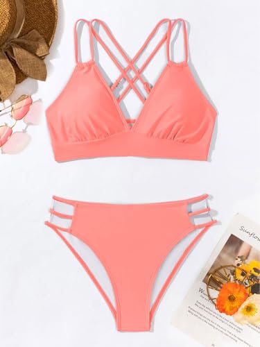 Image of Fanuerg Women's Sexy V Neck Bikini Sets Hollow Out Two Piece Swimsuits Cutout Mid Waist Bathing Suit