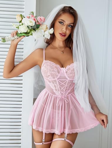 Image of Avidlove Women Lace Mesh Babydoll Lingerie Set with Garter Belt | 4 piece set, includes thong & garter belt, lace corset bodice, adjustable straps, S-4XL