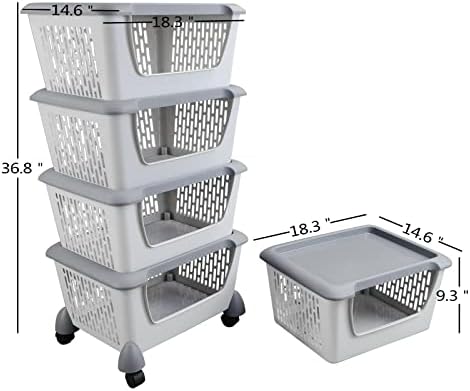 Yuright 4 Tier Stackable Storage Baskets With Wheels, Grey Kitchen Baskets For Storage, F