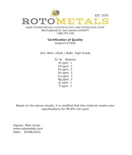 Roto Metals Zinc Wire .091 inch Diameter 10 Feet 99.9% min Made in USA