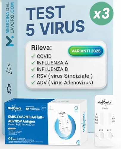 3 x Test Combo 5in1, Tamponi rapido covid 19 varianti 2025 + Influenza A o B + Virus RSV Sinciziale + Virus ADV Virus respiratorio Adenovirus, Test rapido Adulti e bambini, 3 pz