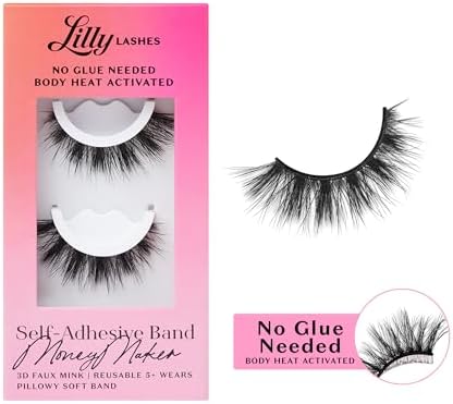 Lilly Lashes 3D Self Adhesive Eyelashes, No Lash Glue Needed, Body Heat Activated Press on Lashes, Reusable Self Adhesive Eyelashes Up to 5x, Easy to Apply & Remove (MoneyMaker)