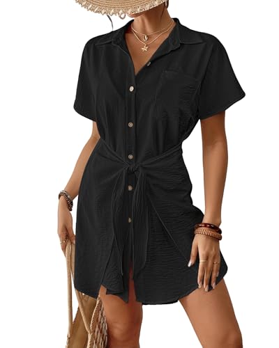 Bsubseach Womens Swimsuit Coverup Short Sleeve Button Down Tie Beach Shirt Dresses Summer Bathing Suit Cover Up Swimwear