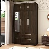 TAMUNE Wardrobe Closet with Mirror, 3 Door Wardrobe with Hanging Rod, 4 Drawers, Shelves, Modern Bedroom Armoire with Gold Handles, Brown Clothes Cabinet, 20.5”D x 47”W x 86.7”H