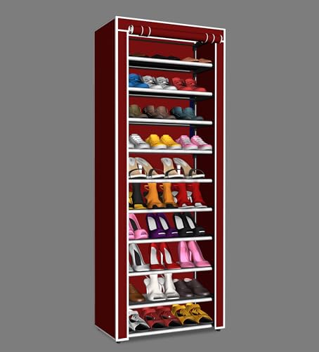 Image of YouCopia Shoe Rack for Home Non Woven Fabric - DIY Multipurpose Shoe Rack Organizer, 9-Layer Shoe Rack for Home -Shelf with Dustproof Door Entryway for Heels /Slippers /Boots (Maroon, 9-Layer)