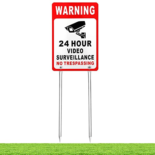 Kichwit Video Surveillance Sign No Trespassing Reflective Metal Sign, Double Sided Aluminum Yard Sign with Stakes Included, Measures 11.8