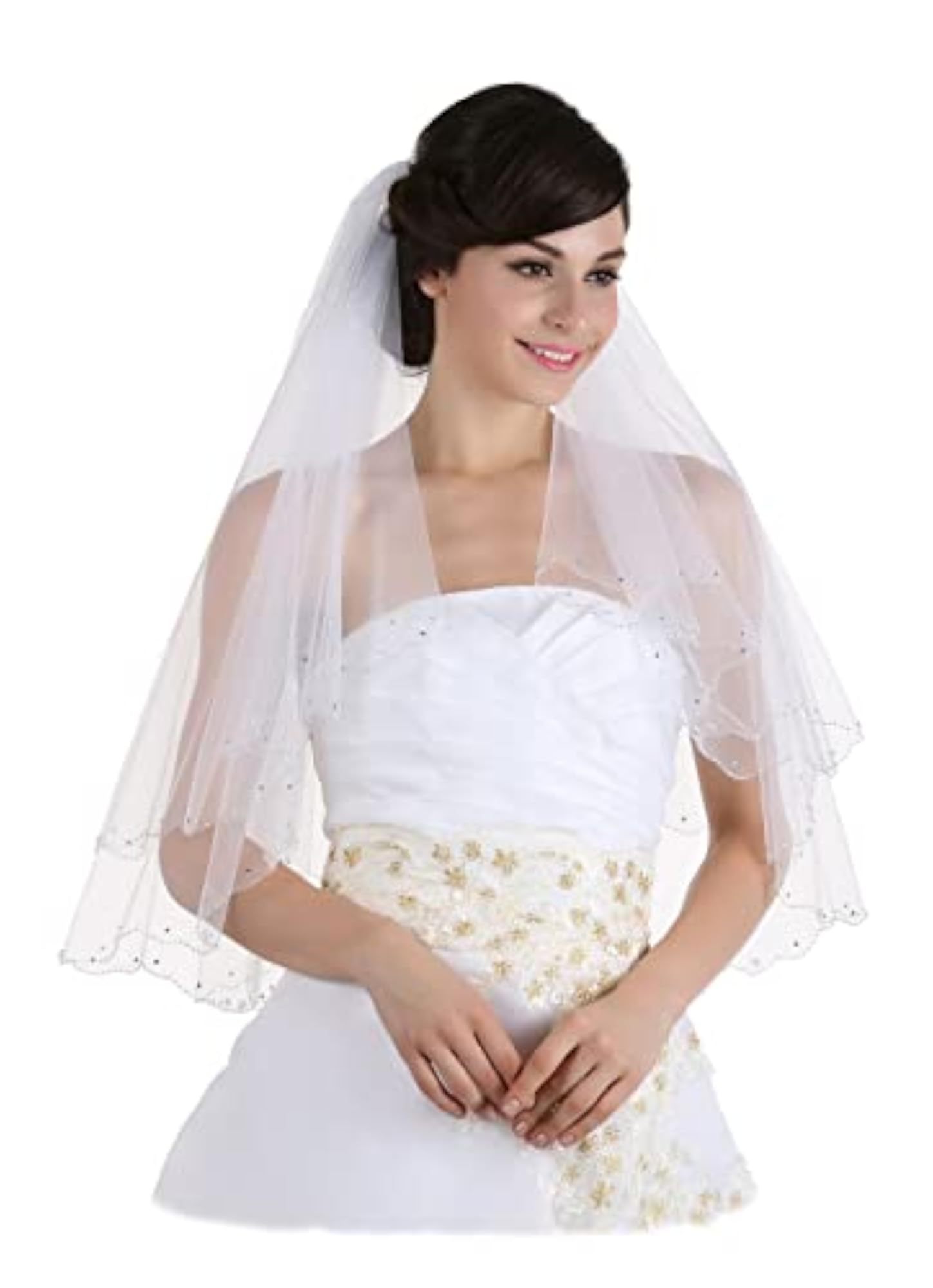 2T 2 Tier Crystal Beaded Scalloped Bridal Veil