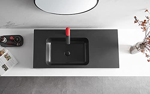 Serene Valley Bathroom Sink, Wall-Mount Or On Countertop, 40" With Square Sink And Flat Space, Single Faucet Hole, Premium Granite Material In Matte Black #TOP7