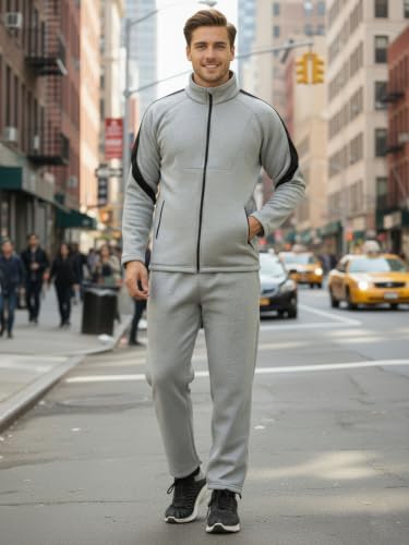 Image of CHKOKKO Men's High Neck Winter Tracksuit Set with Full-Zipper Upper & Elasticated Waist Jogger Pants | Warm Soft Solid Activewear for Gym, Running & Casual Use