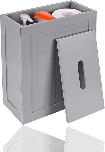 KHAPALWAK Bathroom Storage Unit- Compact Wooden Shaker Bathroom Box- Grey Toilet Roll Storage with Lid- Bathroom Storage for Cleaning Products- (35 cm H X 28 cm W X 14 cm D)