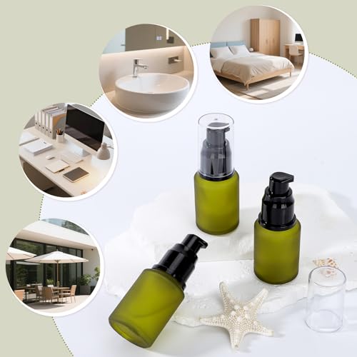 Image of Segbeauty 1oz Frosted Glass Empty Travel Size Bottles for Creams, 3pcs Refillable Lotion Pump Bottle Dispenser, 30ml Liquid Travel Containers, Green Mini Lotion Container Foundation Pump Dispensers