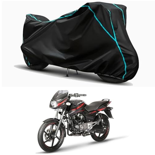 Image of Waterproof Bike Body Cover Compatible for | Bajaj Pulsar 150 | Taffeta Fabric, Sky Piping Design, Bottom Elastic Fit | Dustproof, Sun UV & Rain Protection for All Weather.