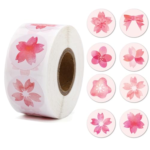 Pink Flower Stickers 2 Rolls 1000 Pcs Round Self Adhesive Seal Stickers Labels for Baking Gift Boxes Party Decorations 1 Inch with 8 Different Patterns