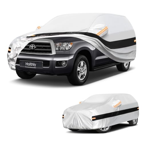 Image of 10 Layers SUV Car Cover Custom Fit for Toyota Sequoia (2000-2026), Waterproof All Weather for Automobiles, Outdoor Full Cover Sun Dust Rain Protection with Cotton. Silver