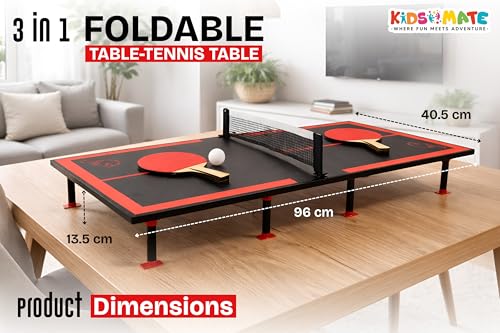 Image of Kidsmate 3-in-1 Table Tennis for Kids with Foldable Tennis Board, Ludo Game & Whiteboard | Portable Indoor Outdoor Play Table, Mini Ping Pong Set with Net, Racquet and Ball for Family Fun - Red /Black