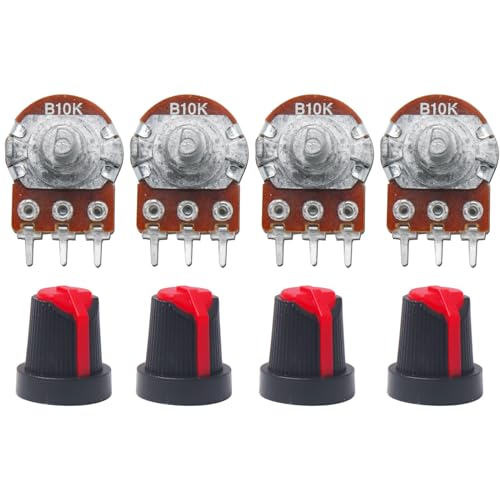 Image of Electronic Spices Combo of 10K 6 Pin D Shaft Dual Gang Rotary Potentiometer (A10, B10) Volume Pot 10K with Knob (Pack of 4)