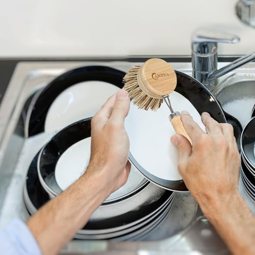 Image of Bamboo Dish Scrubber with Handle - Hard Bristle Natural Bristle Brush Sustainable & Biodegradable Kitchen Scrub Brush for Dishes Pans and Pots