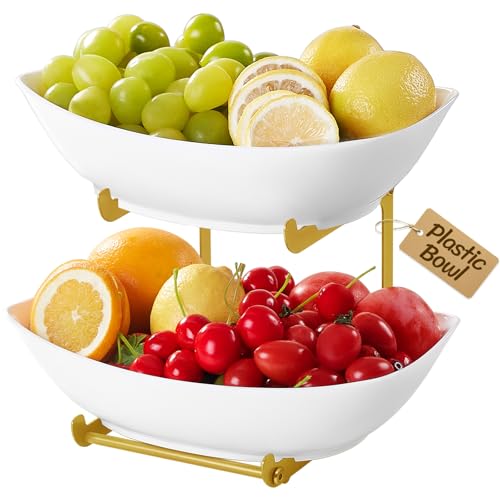 Lifewit Alzata per frutta con 2 ripiani, ciotole per frutta in plastica con scaffale in metallo dorato, cestino per frutta a 2 ripiani, porta frutta con vassoio bianco per buffet/frutta/snack/verdura