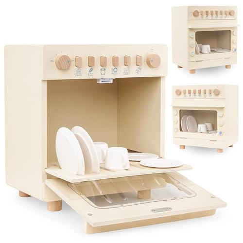 Mamabrum Lave-Vaisselle Jouet en Bois pour Enfants - Set Cuisine avec 6 Aimants, 2 Grandes Assiettes, 2 Petites Assiettes, 2 Tasses - Boutons Rotatifs Sonores (13...