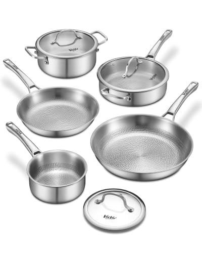 Titanium pans for cooking Non Stick with lid 8pcs Uncoated Hammered titanium pro frying pan PFAS Free Cookware Butter warmer skillet Induction & Oven-Safe