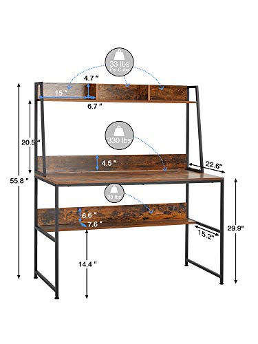 Kealive 47.2 inch Computer Desk with Hutch and Shelf, Writing Study Table with Bookshelf, Modern Home Office Desk for Small Space, PC Laptop Table Workstation Steel Frame & Wood Desk, Vintage Brown