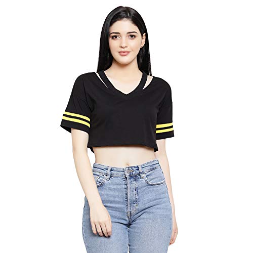 Image of LE BOURGEOIS Women Solid Loose Fit Desiger V-Neck Short Sleeve Dance Party Casul Crop Top