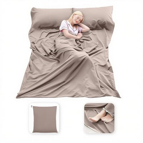 MongByYa Sleeping Bag Liner Lightweight Compact Sleeping Bag Sack Portable Clean Travel Sheet Camping Sleep Sheet for Backpacking Hotel Hiking (Light Khaki, 82.7” X 70.9”)