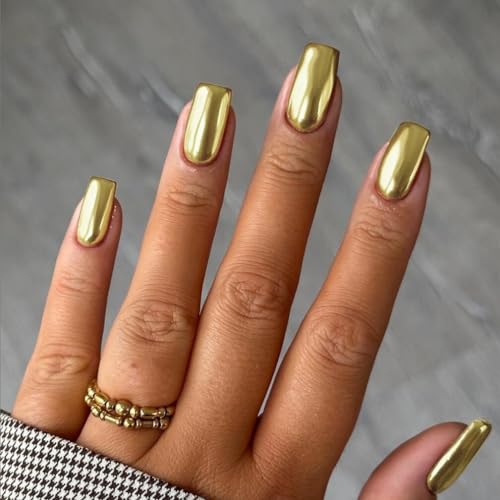 Mirror Metal Light Gold Press on Nails Medium Short Square Chrome Glazed Short Gel Nails Press ons Shiny Plating Nails Acrylic Nails Reusable Thick Fake Nails for Women Glue on Nails Medium Length
