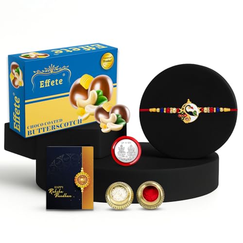 Image of DeoDap Multicolor Oval Flower Rakhi Bracelet Roli with Chocolate Butter Scotch 32gm, Silver Pooja Coin, Tilak Set, Greeting Card - Rakhi Gift for Brother