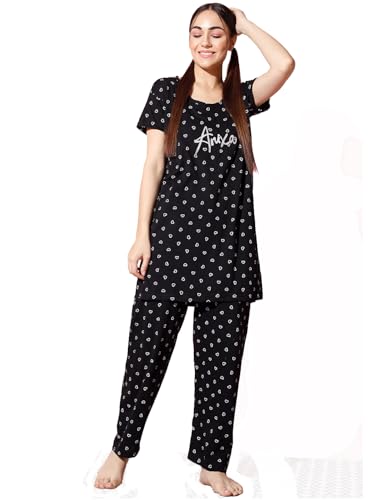 Image of Printed Round Neck Short Sleeve Nightsuit Set | Casual Night Dress for Women