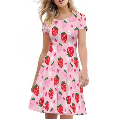 Image of AFPANQZ Summer Dresses for Women Casual T-Shirt Short Sleeve Dresses, Strawberry Paw Swing Flowy Beach Vacation Sundress for Vacation(S-4XL)
