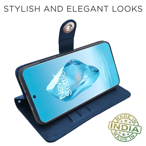 Image of Pikkme OnePlus 12R 5G Flip Cover Leather Finish | Inside TPU with Card Pockets | Wallet Stand and Shock Proof | Complete Protection Button Flip Case (Blue)