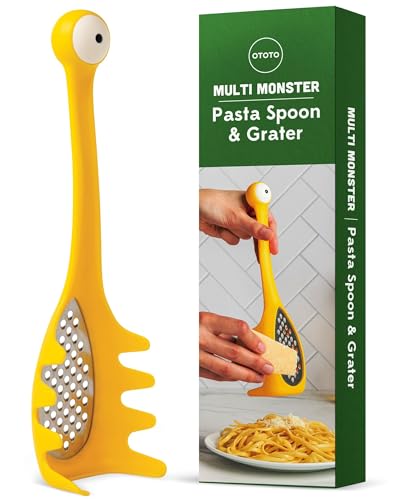A 2-in-1 monster-themed pasta spoon that also grates cheese — OTOTO's signature wit applied to a tool you'll actually reach for every pasta night.