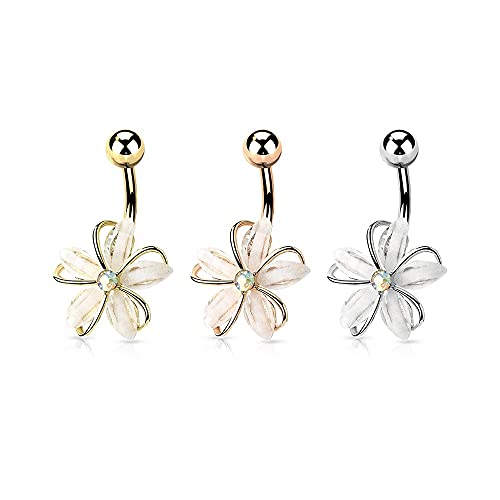 Pierced Owl - 14GA Stainless Steel CZ Crystal Centered Wire Set White Flower Belly Button Ring3