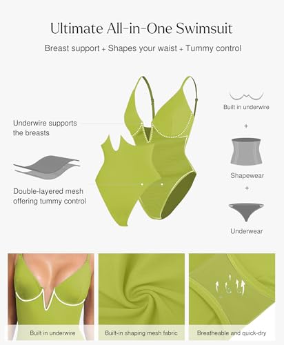 Image of Popilush One Piece Swimsuits for Women Tummy Control Deep V Neck Underwire Shapewear Swimsuit Summer Bathing Suits