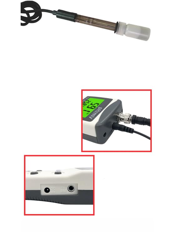 Close-up images showing the probe connection port and the power input/RS232 interface ports on the AZ8601 meter